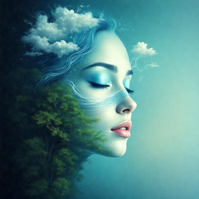 The primary subject of the image is a woman with blue hair, who is depicted as a tree. She has a blue and white face, and her eyes are closed. The setting is a blue sky, and the visual style is digital art. The colors and mood of the image are serene and dreamy, with the woman's blue hair and the blue sky creating a calming atmosphere.
